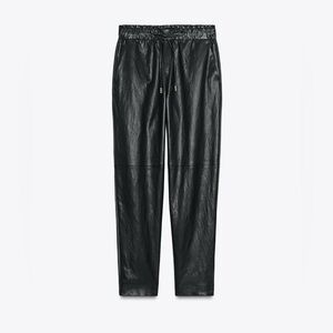 Zara | Black Faux Leather Cropped Straight Leg Pants w/Drawstring Waist, Size S